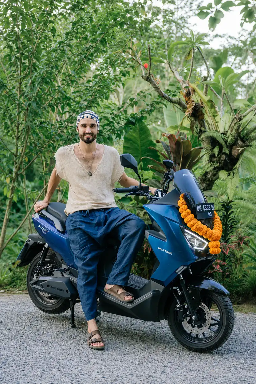 Rider smiling on a blue electric motorbike under palm trees